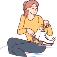 Woman holds pair of skates for trips on ice at figure skating competitions and hockey games. Athlete girl wants to go ice skating in free time from work to clear head of bad thoughts. png