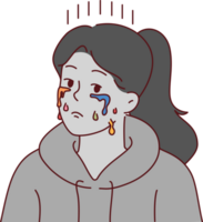 Crying teenage woman with depressed grimace and multi-colored tears, suffering due to lack of creative success. Crying girl needs support from friends to restore psychological state png