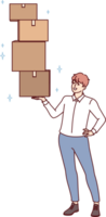 Successful man lifts several cardboard boxes with ease, demonstrating professional skills in fulfillment of goods. Businessman engaged in logistics or storage services and owns fulfillment company png