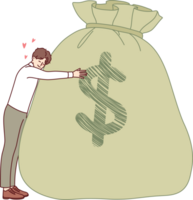 Rich man rejoices at having large savings thanks to hard work, hugging bag of money with dollar symbol. Rich guy with reserve capital that allows him to avoid bankruptcy and difficulties in life png