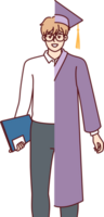 Man student in university graduate robe and business attire symbolizes desire to improve education. Young guy dreams of becoming graduate to develop professional skills and get promotion at work. png