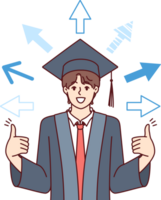 Man, university graduate received good education, shows fingers up, standing among arrows. Concept of having multiple development options for college graduate dressed in academic cap and gown png