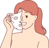 Woman uses rejuvenating face mask, following advice cosmetologist who recommended getting rid of wrinkles. Girl with bare shoulders does rejuvenating procedures to restore firmness and purity of skin. png