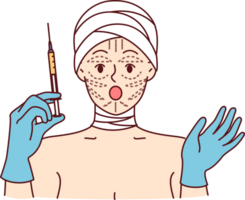 Woman is preparing for facelift procedure, and opens mouth, shocked by prices for plastic surgery, holds syringe in hands. Girl patient at plastic surgery clinic with bandaged head and lines on face png