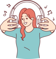 Wireless headphones in hands of woman inviting you to listen to popular songs or radio broadcasts together. Cheerful girl with headphones, proud of collected playlist of rare compositions png
