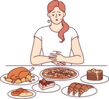 Problem of overeating in woman sitting at table with fast food, and in need of balanced diet. Girl feels heaviness in stomach due to regular overeating, which causes deterioration of immune system. png