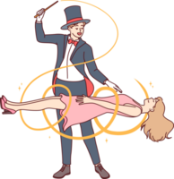 Man magician demonstrates magic trick by making woman assistant levitate during circus performance. Guy magician dressed in tuxedo and classic hat, entertaining audience with mysterious tricks png