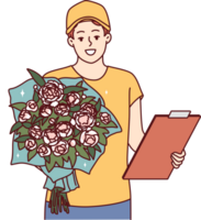 Man courier with bouquet of flowers and clipboard holds roses to screen while presenting gift. Guy from flower delivery service gives gift bouquet for birthday or relationship anniversary png