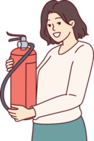 Woman with fire extinguisher smiles, recommending checking expiration date of fire-fighting equipment. Red extinguisher in hands of beautiful girl taking care of safety of home or office png