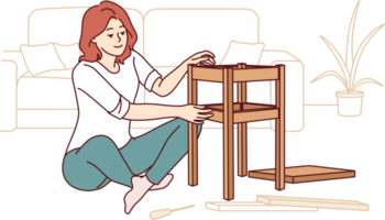 Woman assembles stool with own hands, sitting on floor in apartment and making own home more comfortable. Young girl fixes broken stool using screwdriver, without involving handyman. png