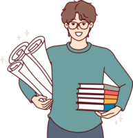 Man student with textbooks and papers for creating engineering drawings, smiles and looks at screen. Guy student studying at university or college holds books recommended by teacher png