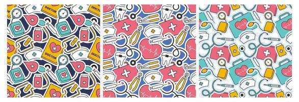 Doctors Day Seamless Pattern Design with Medical Equipment in Template Hand Drawn Cartoon Flat Illustration vector