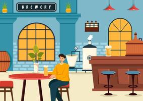 cervecería producción proceso ilustración con cerveza tanque y botella lleno de alcohol bebida para fermentación en plano dibujos animados antecedentes vector