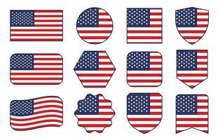 Flag of United States in modern abstract shapes, waving, badge, design template vector