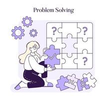 Illustration of a woman piecing together a puzzle, a metaphor for finding the right solution to a problem with strategic thought vector