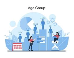 A dynamic illustration depicting market analysis across diverse age categories, from youth to seniors vector