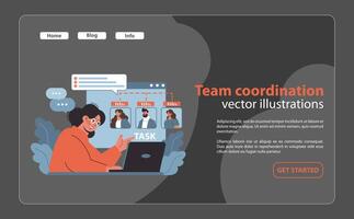 Team Coordination and Task Management set. Project leader orchestrates team efforts. vector