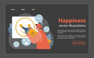 Man presenting the essence of happiness on a screen. Flat illustration vector