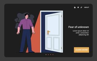 Fear of unknown. Terrified man standing by half open secret door. Person vector