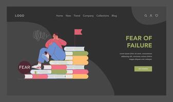 Educational stress web or landing. Disheartened student on stack of books vector