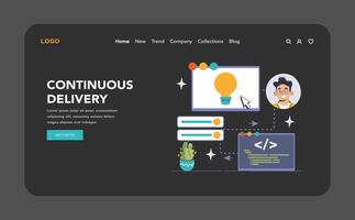 DevOps web banner or landing page dark or night mode. vector