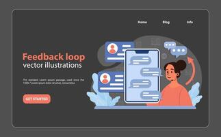 confidente mujer gestiona un interactivo realimentación lazo en su digital dispositivo. vector
