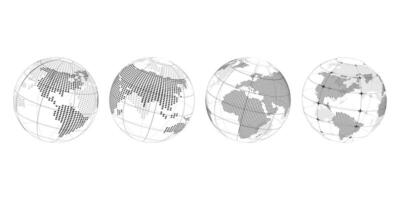 Set of black and white dotted digital transparent globes of Earth with realistic of world map on white an black backgfound. vector