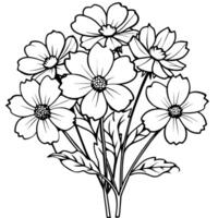 cosmos flor ramo de flores contorno ilustración colorante libro página diseño, cosmos flor ramo de flores negro y blanco línea Arte dibujo colorante libro paginas para niños y adultos vector