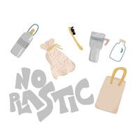 Plastic free concept with text and symbols. vector