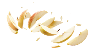 fliegend Apfel Scheiben auf transparent Hintergrund, Format png