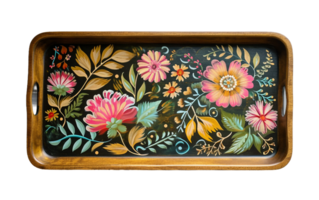 Hand-Painted Wooden Tray with Folk Art Motifs on Transparent Background png