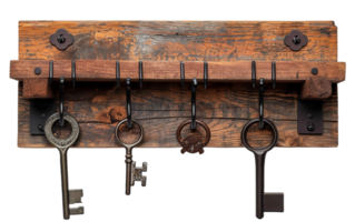 Rustic Wooden Shelf with Vintage Key Hooks on Transparent Background png