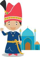 cha imperio dibujos animados personaje con isfahan mezquita. ilustración. niños historia recopilación. vector