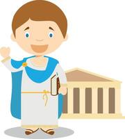Classic greek cartoon character with Parthenon. Illustration. Kids History Collection. vector