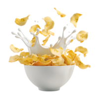 3d interpretazione di un' Banana patatine fritte nel un' latte ciotola su trasparente sfondo png