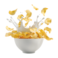 3d tolkning av en banan pommes frites i en mjölk skål på transparent bakgrund png