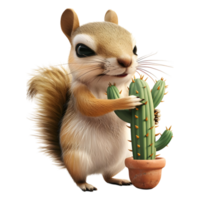 3D Rendering of a Rabbit Playing with Cactus Plant on Transparent Background png