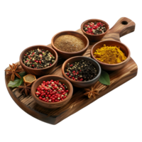 3D Rendering of a Different Kind of Spices on a Wooden Plate on Transparent Background png