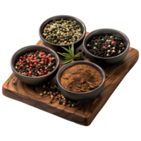 3D Rendering of a Different Kind of Spices on a Wooden Plate on Transparent Background png