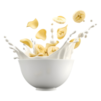 3d le rendu de une banane frites dans une Lait bol sur transparent Contexte png