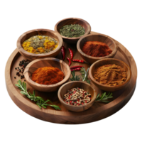 3D Rendering of a Different Kind of Spices on a Wooden Plate on Transparent Background png