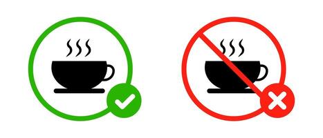 bebida permitido y prohibido. café silueta icono con cheque marca y cruzar marca. vector