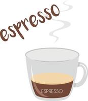 illustration of an Espresso coffee cup icon with its preparation and proportions and names in spanish. vector