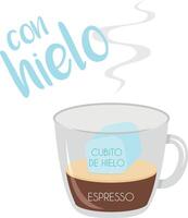 illustration of an Espresso with ice coffee cup icon with its preparation and proportions and names in spanish. vector