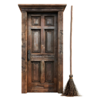 3D Rendering of a Wooden Door with Witch Broom on Transparent Background png