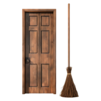 3d representación de un de madera puerta con bruja Escoba en transparente antecedentes png