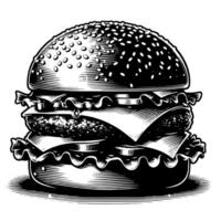 negro y blanco ilustración de un sabroso A la parrilla hamburguesa con queso vector