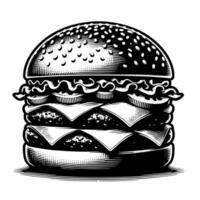 negro y blanco ilustración de un sabroso A la parrilla hamburguesa con queso vector