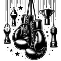 Black and white illustration of suspended Boxing Gloves vector