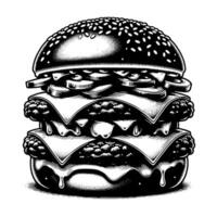 negro y blanco ilustración de un sabroso A la parrilla hamburguesa con queso vector